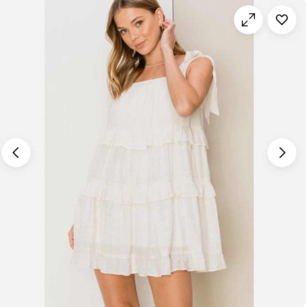 Hyfve Babydoll Mini Dress Cream Boho Tiered Ruffle Tie Sleeveless Straps Medium